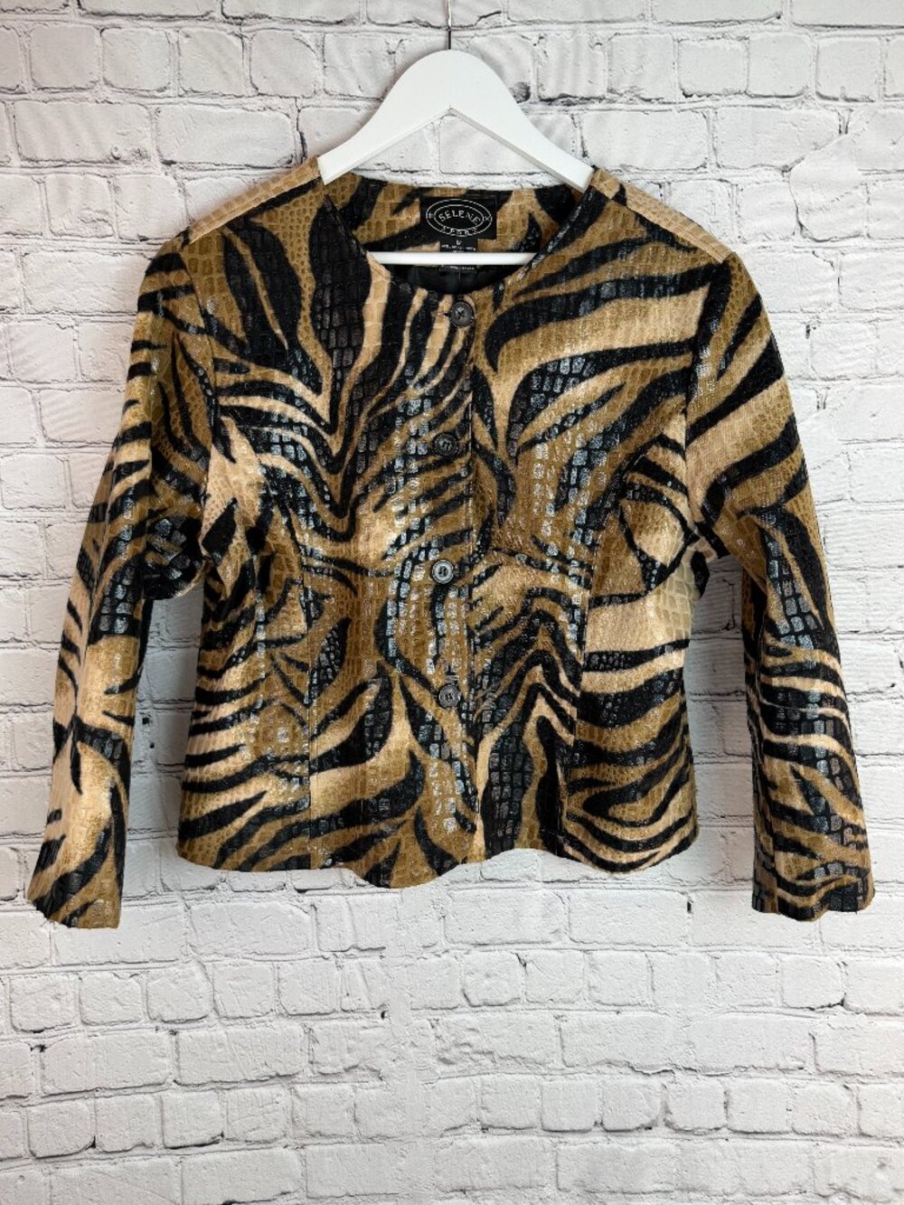 SELENE SPORT Animal Print Cropped Jacket Blazer Button Front 12‎